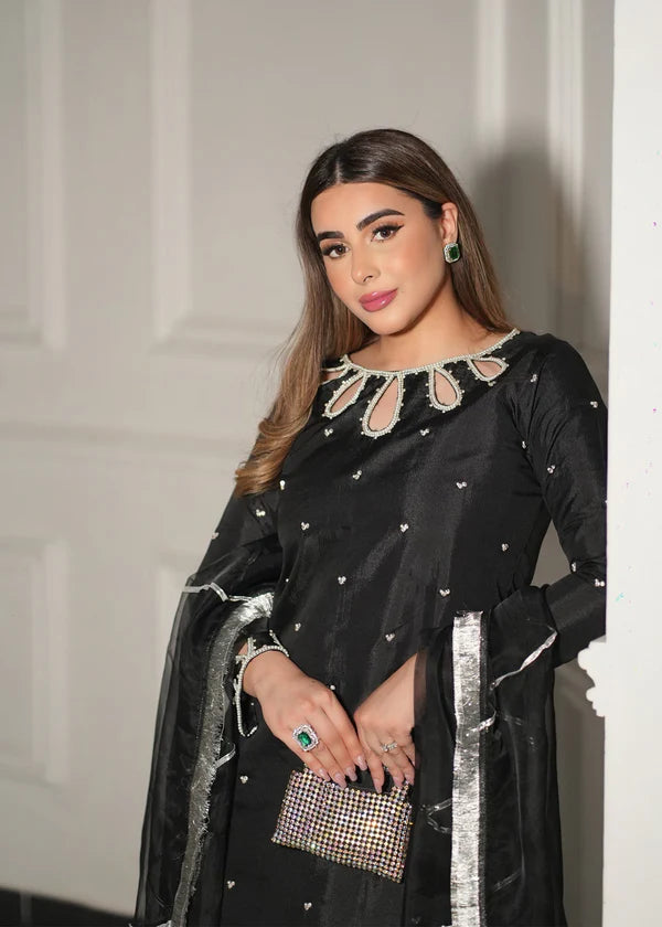 Black raw silk suit