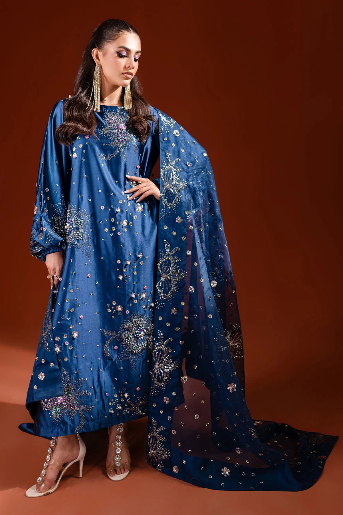 Navy blue silk suit with organza dupatta