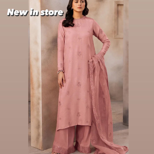 3 piece raw silk suit pink