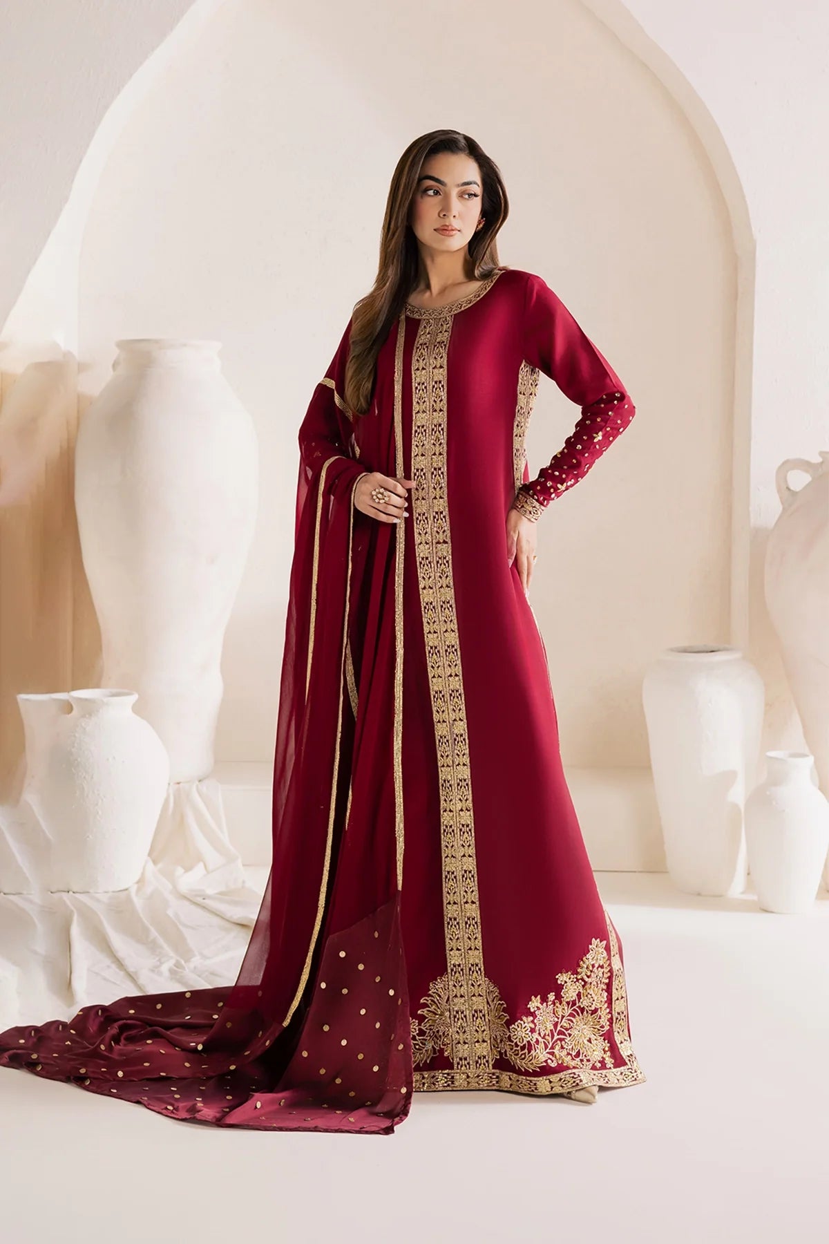 Raw silk suit with chiffon Dupatta