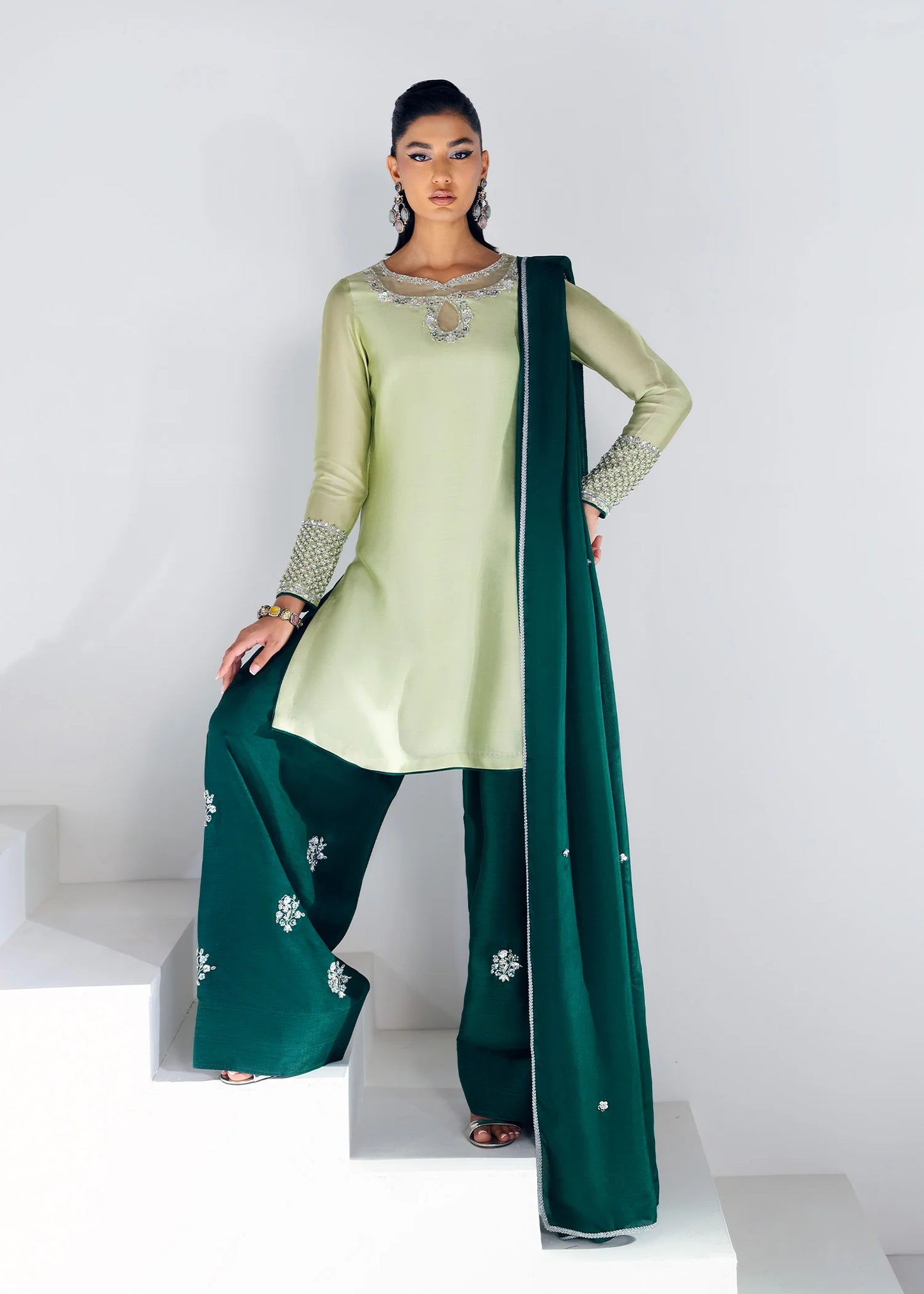 Green silk suit