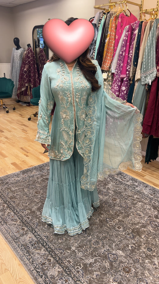 Sky blue silk sharara outfit