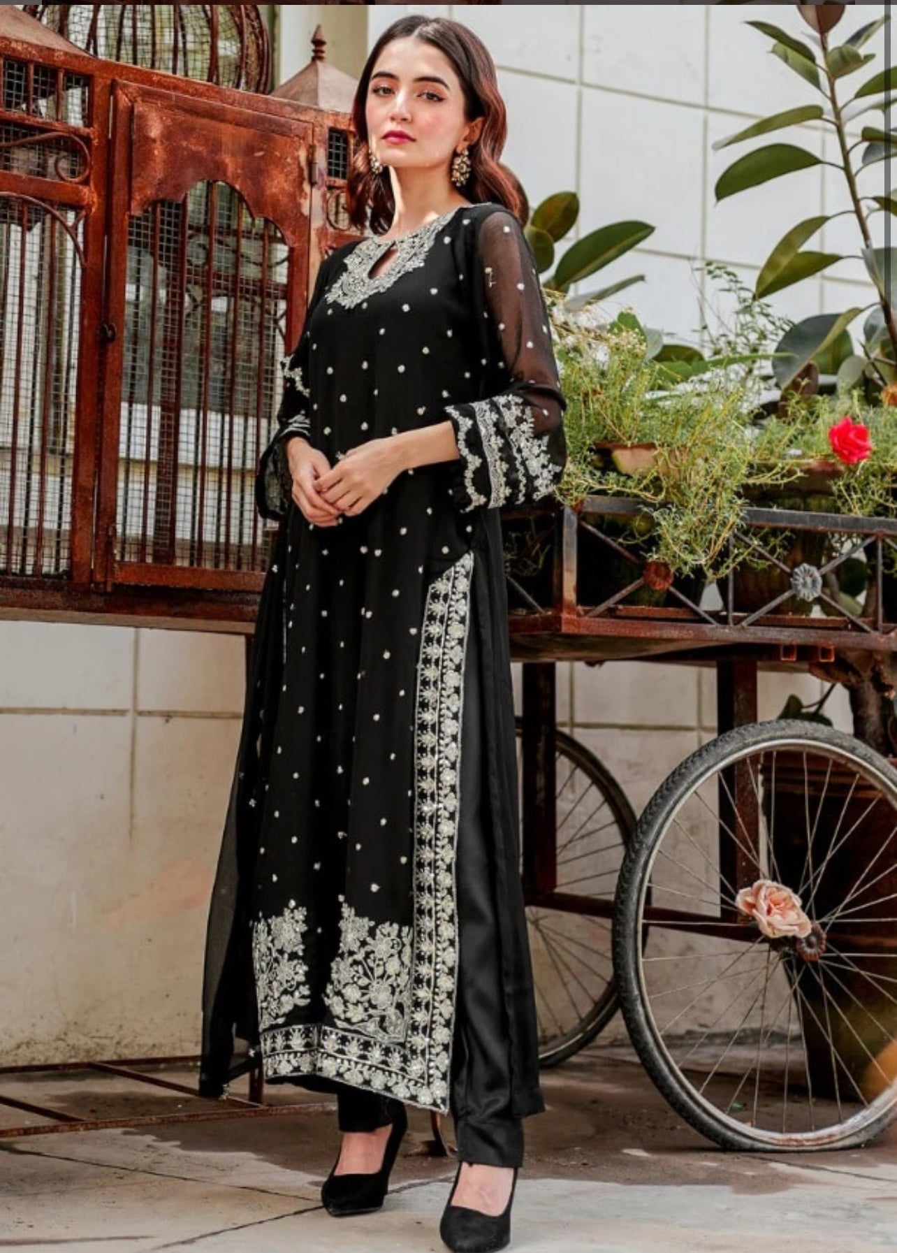 Black with white Embroidery